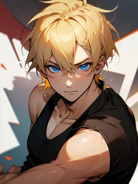 Masterpiece, best quality,1 Male,blonde hair,short hair,blue eyes,black tank top,face focus