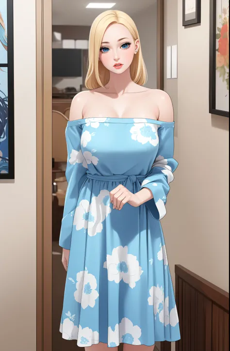A slim beautiful woman with blonde hair, big blue eyes, and extremely fair white skin. She's wearing a blue floral dress and an open-front sweater in an off-shoulder style. Clear lips, perfect eyes, perfect eyelashes, perfect hands, perfect hair strands, p...