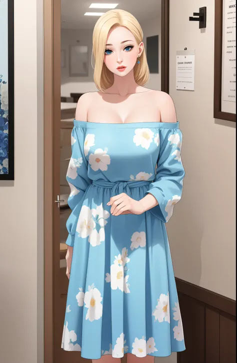 A slim beautiful woman with blonde hair, big blue eyes, and extremely fair white skin. She's wearing a blue floral dress and an open-front sweater in an off-shoulder style. Clear lips, perfect eyes, perfect eyelashes, perfect hands, perfect hair strands, p...