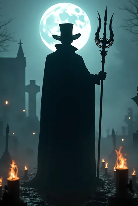 Create a man in a black cape and top hat with a trident in his hand in the cemetery fog at night with 7 fire pits , 8k cinematic