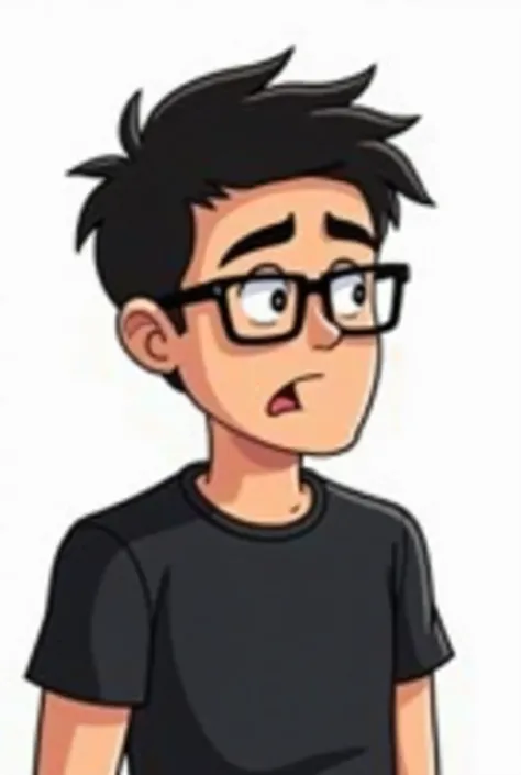 Cartoon image drawn with thumb-style graphics, An ordinary gamer man with black glasses, ordinary black shirt, white scenery background, Brazilian or standard disheveled black hair , Surprised by something