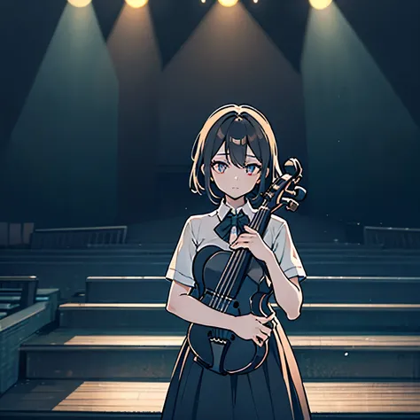 A young girl in an elegant recital dress stands backstage at a violin recital, clutching her violin and bow with a nervous yet determined expression. She peers through the curtain at the brightly lit stage, where another performer is finishing their piece....