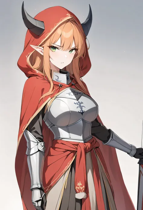 (1girl, Masterpiece, best quality) A mature elf female with (long length intense orange hair and sharp side-swept fringe). Neutral, sligthly serious expression. Her attire includes a red cloak with yellow trim that covers a hood (medieval-style red and gra...