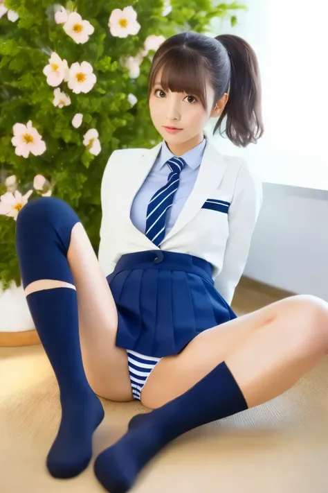  high image quality、 watching here、 school uniform( white blazer 、 navy blue skirt) dark hair( ponytail、 bangs with lots of flowers )School、underwear、( Black Knee High Socks)(Blue Stripes々Panties)Beautiful thighs、Spread your legs