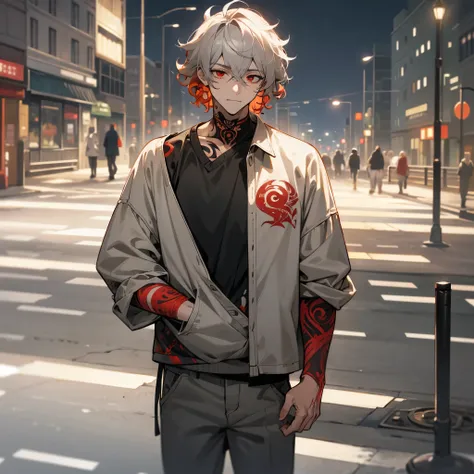 1male, adult, finely detailed red eyes, (curly medium hair), ash grey hair, casual clothing, layered clothing, somber expression, (perfect generation), standing on street, detailed background, sleep deprived eyes, baggy eyelids, neck and arm tattoos