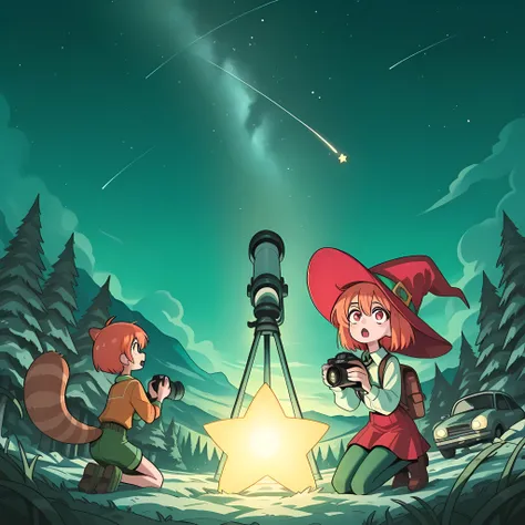 masterpiece, best quality, amazing quality, very aesthetic, high resolution, ultra-detailed, absurdres, newest, Anime screencap, highly detailed, high quality, hyper-Detailed, mistico_IL. BREAK. tree, night, telescope, hat, shorts, outdoors, shirt, motor v...