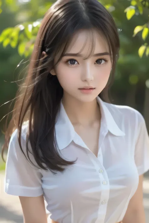  highest quality,  focus on face , Soft light,  ultra high resolution, ( photorealistic),  RAW Photo ,
  cute, (pupil,  light in my eyes),   I'm looking at beautiful faces in detail, summer、uniform、 skirt、The clothes are see-through、20 year old female、 is ...