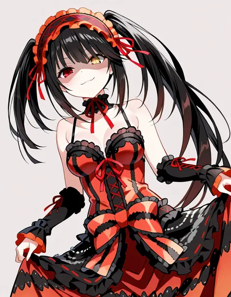 Tokisaki Kurumi,   is ridiculous,  1 girl in the best,  raise your arms, black  dress ,  black hair, bow, chest, Clock Eye,  cowboy shooting,  detachable sleeves ,  dress ,  dress  bow,  Hair Band ,  heterochromia ,  long hair,   long sleeve ,  stare at th...