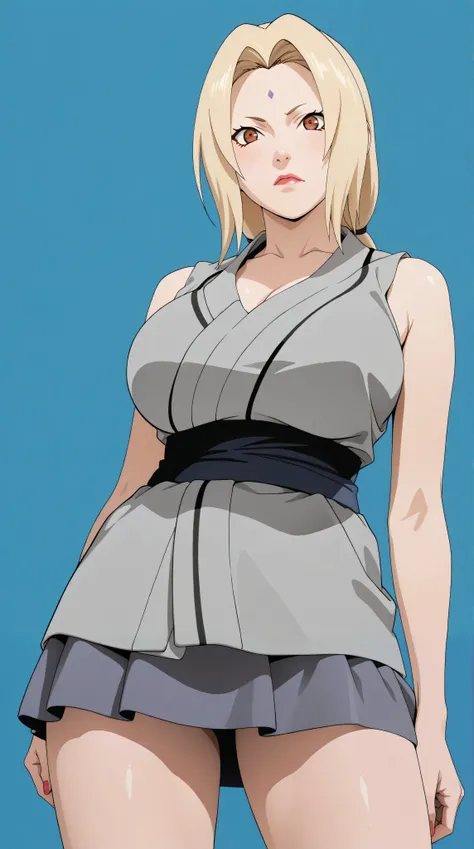 masterpiece, extremely detailed,perfect skin texture,4k,solo,1girl,adult ,((fullbody)),tsunade,slim body, sexy legs,perfect body,large breasts,housewife,((sexy skirt)),((grey kimono)),sleeveless,sash,soft light, high detailed, best quality, upper body, blu...