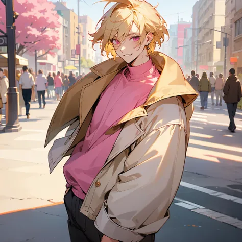 1male, adult, finely detailed pink eyes, (straight medium hair), blonde hair, casual clothing, layered clothing, happy expression, (perfect generation), standing on street, detailed background, earrings 