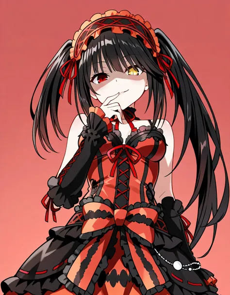 Tokisaki Kurumi,   is ridiculous,  1 girl in the best,  raise your arms, black  dress ,  black hair, bow, chest, Clock Eye,  cowboy shooting,  detachable sleeves ,  dress ,  dress  bow,  Hair Band ,  heterochromia ,  long hair,   long sleeve ,  stare at th...