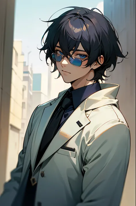 (masterpiece,best quality, detailed), 1boy, male focus, looking at viewer, upper body, outdoors, street, l lawliet, formal, White suit, necktie, Black Hair color, blue eyes, Shades, CCG Logo, hoodie.
