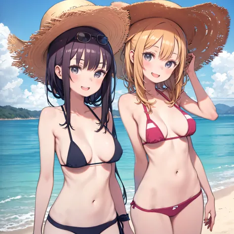 Two women enjoying swimming、ヌーディスト beach、 beach、 completely naked woman 、 upper body、smile、Big Breasts、 big size、pubic hair、belly button、 straw hat、 sunglasses、Standing on the beach、Walking on the beach、 open their mouths and laugh、
