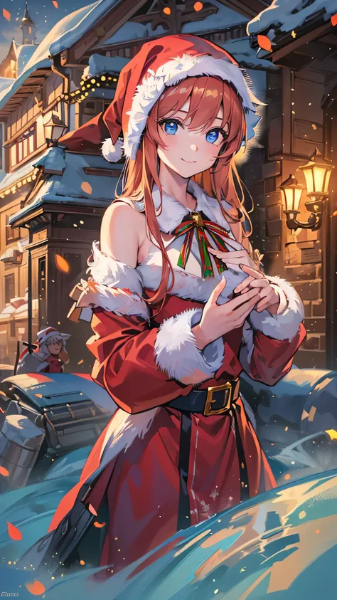  Masterpiece,  top quality,  super detailed,  illustration , 1 girl,  and stare at the viewer,  top quality, depth of field,( closed her mouth,  light smile, blue eyes:1.1), BEAUTIFUL DETAILED SHINE , ( Santa Outfits:1.3),( hands around back :1.3),( cute S...