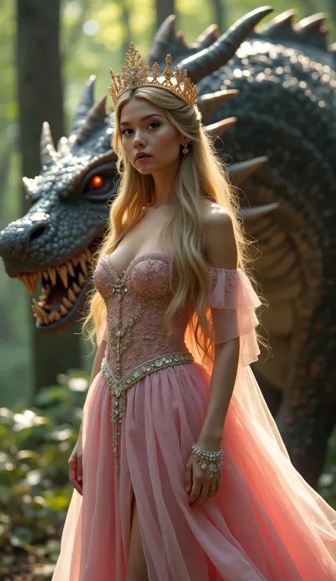 A beautiful stunning woman (( wearing detailed long princess dress,  crown on her head, beautiful jewelry, pink lipstick,  beautiful eyes, beautiful ,shinny golden long hair, pink heels)) stand with a big dangerous dragon in the forest , Realistic,Best Qua...