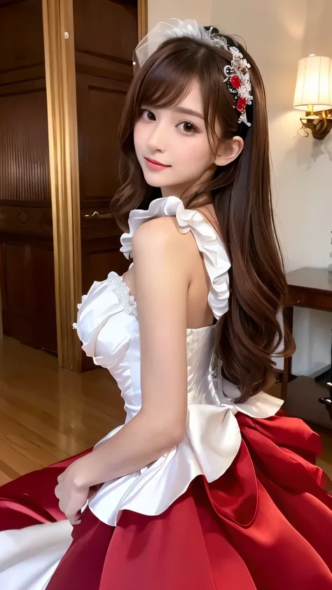 (((top quality))), (((masterpiece))), (((details))), tall, looking at camera, face-to-face, girly empire length wedding dress with pure red shiny silk satin ruffle, hands thrust forward, Japanese, brown hair, long hair, gorgeous room,. Gorgeous ribbon hair...