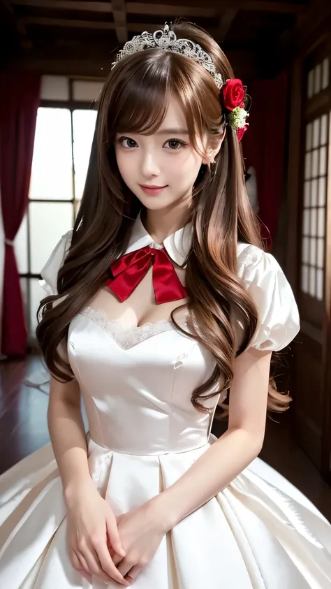 (((top quality))), (((masterpiece))), (((details))), tall, looking at camera, face-to-face, girly empire length wedding dress with pure red shiny silk satin ruffle, hands thrust forward, Japanese, brown hair, long hair, gorgeous room,. Gorgeous ribbon hair...