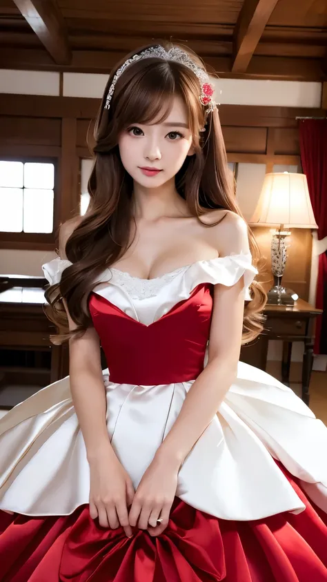 (((top quality))), (((masterpiece))), (((details))), tall, looking at camera, face-to-face, girly empire length wedding dress with pure red shiny silk satin ruffle, hands thrust forward, Japanese, brown hair, long hair, gorgeous room,. Gorgeous ribbon hair...