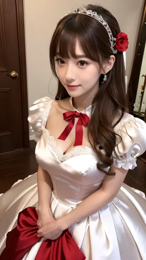 (((top quality))), (((masterpiece))), (((details))), tall, looking at camera, face-to-face, girly empire length wedding dress with pure red shiny silk satin ruffle, hands thrust forward, Japanese, brown hair, long hair, gorgeous room,. Gorgeous ribbon hair...