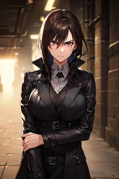 A highly detailed portrait of a tall, intimidating female detective with a dark trench coat, slightly hunched posture, and hands hidden inside her coat. She has messy dark brown hair falling to her shoulders and piercing gray eyes with a perpetual sarcasti...