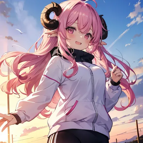 A close-up anime-style illustration of a girl named 'Fua-chan' with long, soft pink hair styled(( in curls resembling sheep’s horns.*))* She has bright pink eyes filled with determination and a cheerful smile. Fua-chan is wearing sporty attire suitable for...