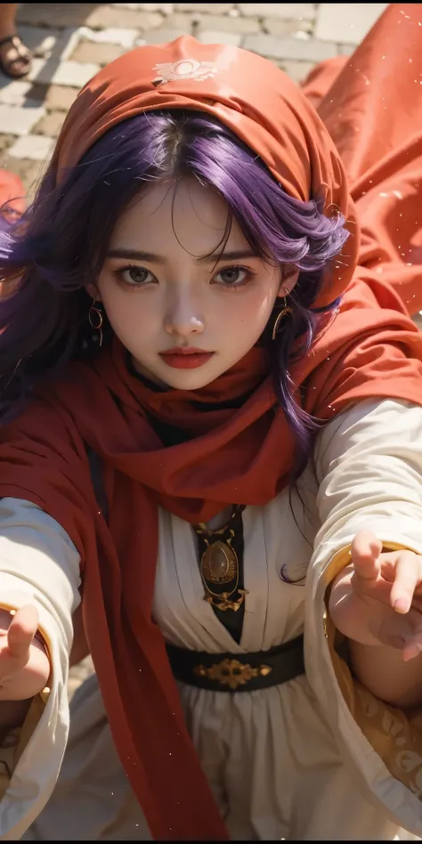 cute face . naked clear coat.dq pom , Long Curry . purple hair, earrings.、 top quality , bangs , Little head on the street :1.3 Ultra Realistic :1.2 , Masterpiece, top quality , More details, Realistic Ligh...