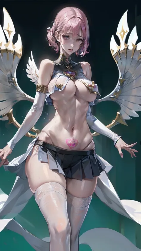 mahou shoujo, big breast, minimum white armor, micro dress, wings, sideboob, underboob, cleavage, breast barely covered, belly tattoo, thigh high, long gloves, laced arm band