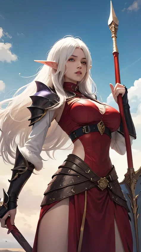 Bkack skinned elf woman, White hair, purple eyes wearing red and black leather armor, with a square shield in one hand and a spear un the other.High Resolution, Breasts, Long Hair, Looking at viewer, Very Long Hair, Jewelry, Purple Eyes, High Resolution, F...