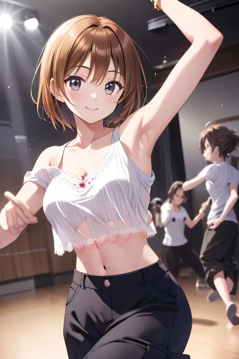 Dance Studio,(Intense dance movements :1.3),  please open your hands and move a lot  ,  can see your armpits,   to express the movement of carrying an electric guitar case on the shoulder Motion blur effect added,  off shoulder, belly button reveals the ap...