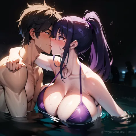 (masterpiece), best quality, purple, purple bikini, purple mini bikini, purple bikini, uncomfortable blushing, blush , embarrassment, embarrassed, , mini bikini, expressive eyes, hot, sweating, mape staning besides woman, man standing behind wiman, sweaty,...