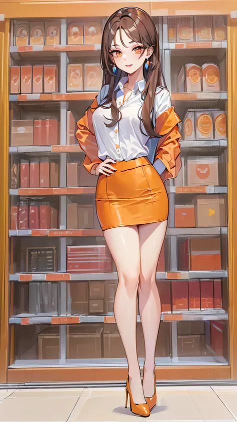 ( Masterpiece, 最 high quality,  high quality:1.4),  office, (  full body shot :1.1),  long hair, lipstick, Makeup, super detailed hair ,  super detailed face , (  orange clothes ),  perfect eye,  perfect face,  earrings,  pencil skirt ,  officeユニフォーム,  hig...