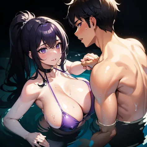 (masterpiece), best quality, under water, see through water, clear water, see through water, purple, purple bikini, purple mini bikini, purple bikini, mini bikini, expressive eyes, hot, sweating, mape staning besides woman, man standing behind wiman, sweat...