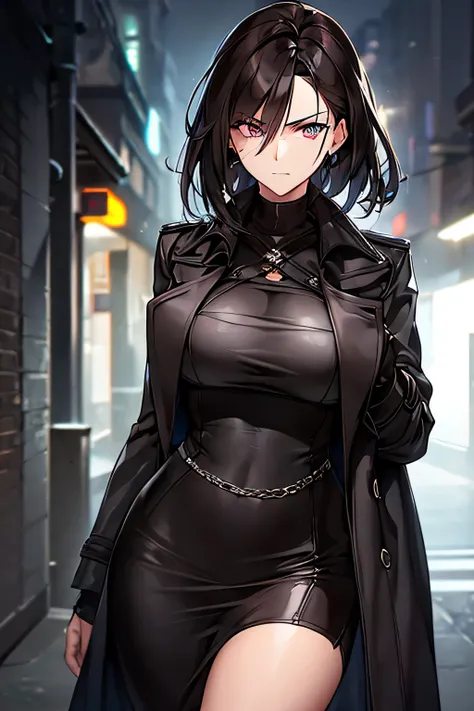 A highly detailed portrait of a tall, intimidating female detective with a dark trench coat, slightly hunched posture, and hands hidden inside her coat. She has messy dark brown hair falling to her shoulders and piercing gray eyes with a perpetual sarcasti...