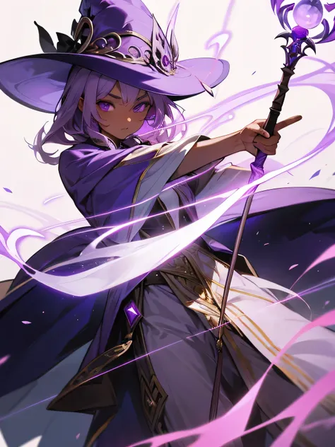 , brown skin, lilac hair, violet eyes , Sorceress outfit with a staff and hat