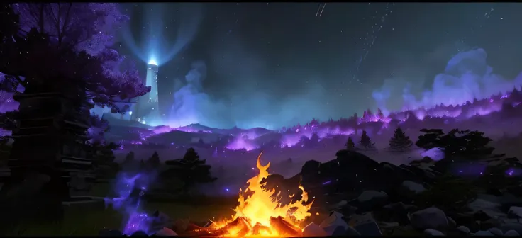  A close up of a fire in a field with a sky background.,  holding a tower shield , glowing fire, hot environment,  luminous fire halo , fire particles in front,  solar flare Unreal Engine ,  purple fire powers swirling fire ,  burning fire and glowing lava...