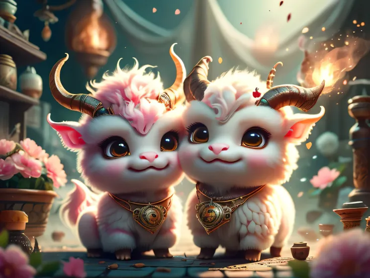 Realistic airbrush.Two Agathions with a cute, adorable appearance. The imp has a demonic appearance with red skin, horns and wings, a slightly sinister expression, and holds a fireball. The second Agathion is supposed to have sheep-like horns, a white fluf...