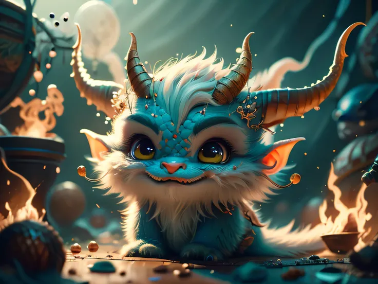 Realistic airbrush illustration, hyper-realistic acrylic airbrush illustration, a very cute little imp with horns and a tail. He is dressed in dark colors and has a mischievous and slightly sinister expression on his face. A small trident or fireball to hi...