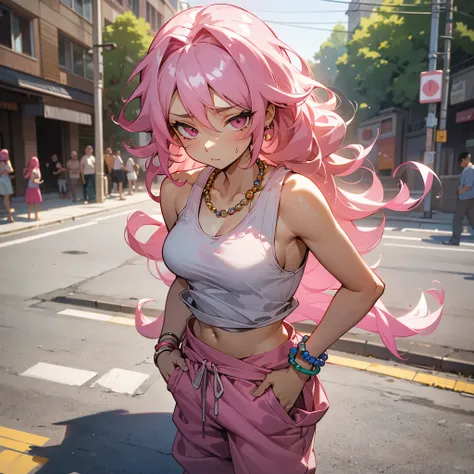 1female, adult, finely detailed pink eyes, (curly long hair), pink hair, casual clothing, tank top, baggy sweatpants, calm expression, (perfect generation), standing on street, detailed background, bead bracelet, flowers, waist beads