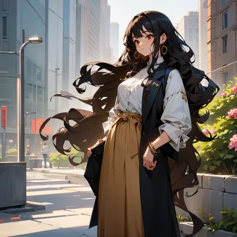 1female, adult, finely detailed brown eyes, (curly long hair), black hair, casual clothing, suit, calm expression, (perfect generation), standing on street, detailed background, bracelet, flowers, earrings