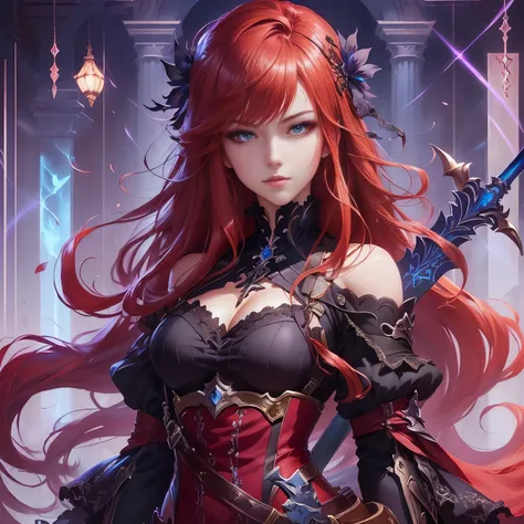 anime girl with red hair and blue eyes holding a sword, cushart krenz key art feminine, shadowverse style, extremely detailed artgerm, gothic maiden anime girl, anime fantasy artwork, artgerm on artstation pixiv, portrait knights of zodiac girl, rias gremo...