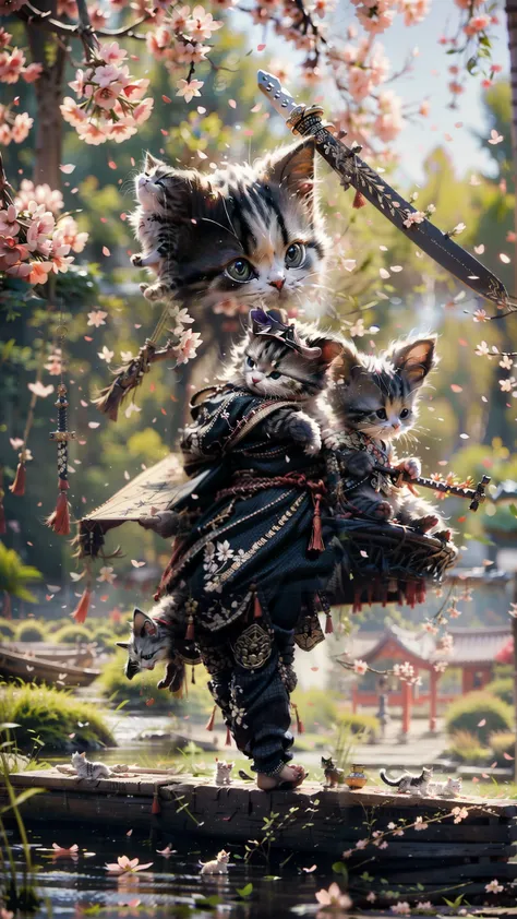 Best quality, masterpiece, ultra high res, raw photo, beautiful and aesthetic,deep shadow, dark theme,(photorealistic:1.4),
White kitten, Hanfu, Chinese calligraphy, chinese clothes, holding weapon, holding sword, sakura,
Graceful poise, evocative atmosphe...