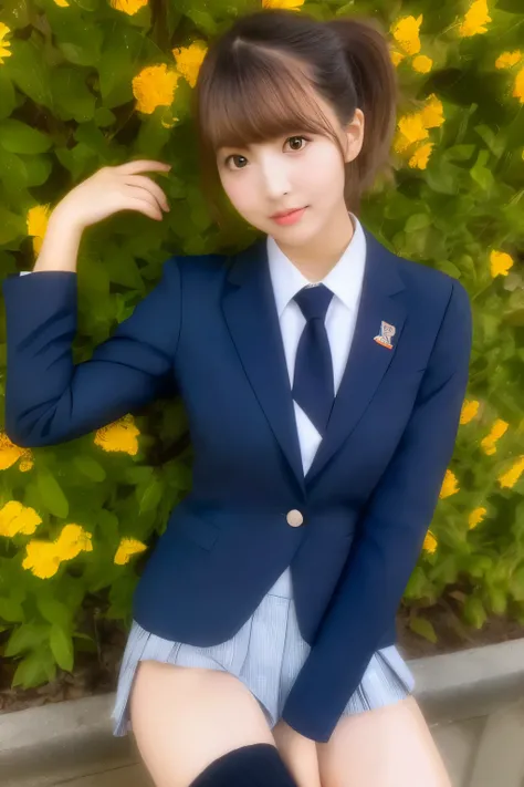  high image quality、 watching here、Young、round face、Narrow eyes、 Sexy Lips、 school uniform( navy blue blazer、 grey skirt) dark hair( black hair、 semi-long、 ponytail、 bangs with lots of flowers )School、( Black Knee High Socks)(Stripes々Panties)Beautiful thig...