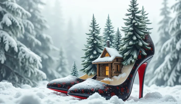   Multiple Exposures  ,   On a pair of charming transparent women's high-heeled Louboutin shoes， The shoes are a cottage with a snow-covered roof , there is a three-dimensional 3d miniature in the winter forest:    Large fir tree with shoes   ,   Louboutin...