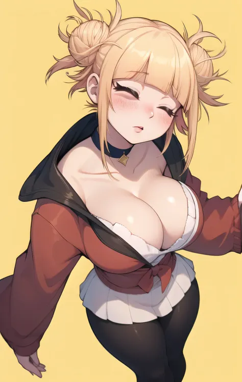 Himiko Toga, (((masterpice))), ((best qulity)), ((highres, absurdres)), (detailed), ,  1girl, solo, from above, petite, detailed face, wide hips, large breasts, narrow waist, , cleavage, brown petticoat, sidelocks, green hair, , choker, , makeup, (simple b...