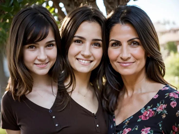 highly detailed, best resolution, closeup, mom, age 48, Italian-American, dark hair, happy, loving, wearing a casual floral print blouse, posing next to her daughter,