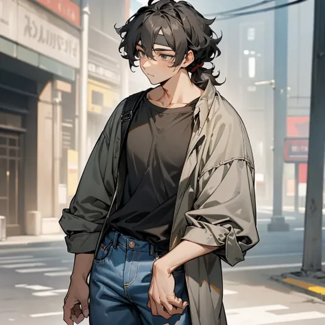 1male, adult, finely detailed grey eyes, (curly medium hair), short ash black ponytail, casual clothing, loose flannel, baggy jeans, calm expression, (perfect generation), standing on street, detailed background, headband