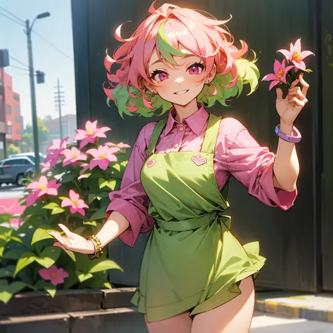 1female, adult, finely detailed pink eyes, (curly medium hair), green hair, casual clothing, short skirt, loose button down, apron, barista, excited expression, (perfect generation), standing on street, detailed background, bracelet, flowers, earrings