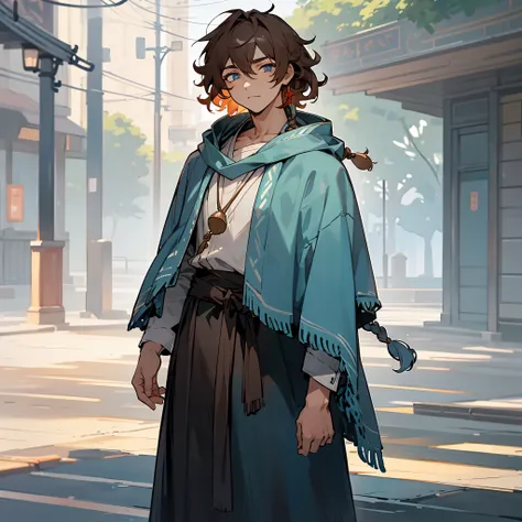 1male, adult, finely detailed ember eyes, (curly medium hair), short ash blue braided hair, casual clothing, poncho, somber expression, (perfect generation), standing on street, detailed background