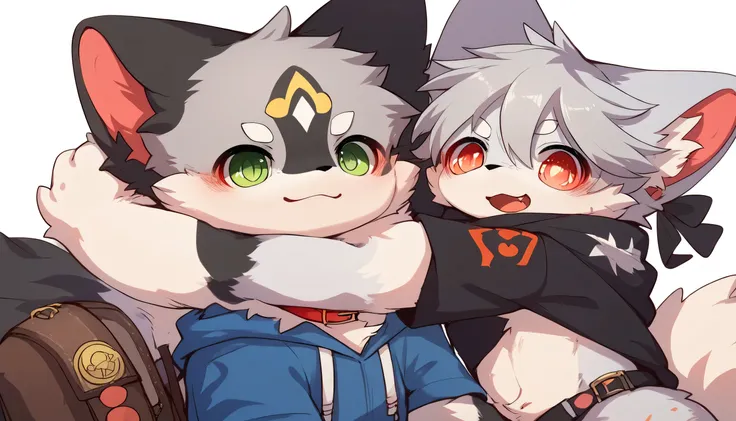   enjoying great detail very detailed,gray hair and gray fur , shemono,Age 15,Participation, red collar,  cute face,  fluffy fur  ,Horny boy , white background,  embarrassed face, droopy ears,,Two friends ,  black shorts ,  sweatshirt ,  Long Sleeve ,trend...