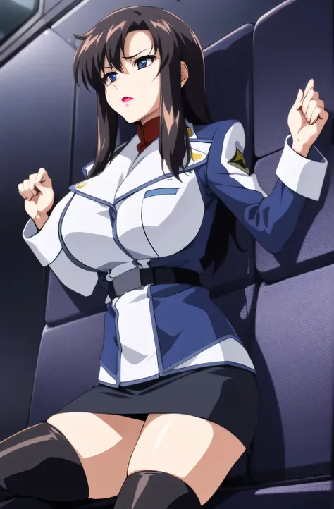       Please draw accurately with 5 fingers     ，   Please carefully draw her expression  ， alone， Big Breasts ， a woman masturbating with a dildo  。，   open ，        black panties are visible when kicking a man      ，40 years old，  Blue and white military...